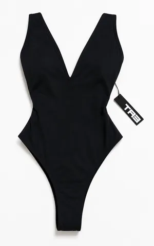 TA3 Hi Cut Plungey One Piece Swimsuit Small Regular Long NWT Black thumbnail 1