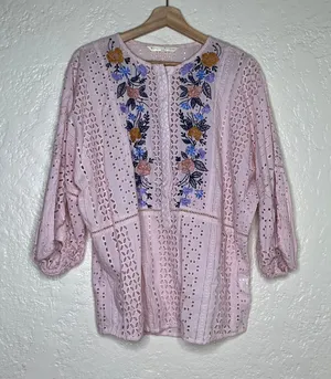 Wayward Fancies eShakti Pink Eyelet Embroidered Cotton Top Womens‎ Large L-14 thumbnail 1