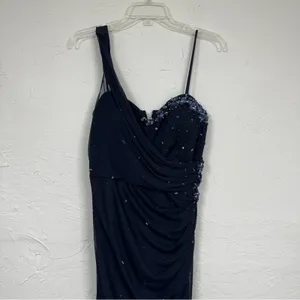 Xscape Blue Beaded One Shoulder Maxi Formal Dress Womens 12 Ruched Bridesmaid thumbnail 3
