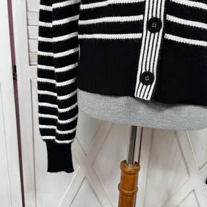 Bagatelle Collection Striped V Neck Cardigan‎ Sweater Black White Small thumbnail 6