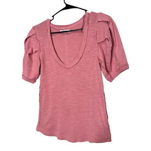 Free People Rose Pink Ribbed Scoop Neck‎ Puffed Short Sleeve Top L thumbnail 2