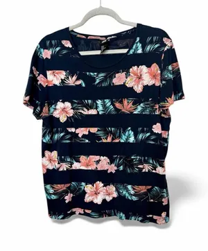 H&M Hawaiian Navy Blue Striped Tee Sz M thumbnail 1