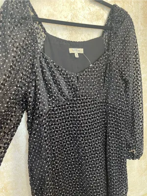 Du Paradis Black Velvet Dot Sheer Sleeve Square Neck Party Dress Size M thumbnail 3