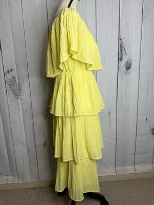 She + Sky Sz M Yellow Lined Chiffon Pleated Tiered Ruffle Midi Dress Sleeveless thumbnail 6