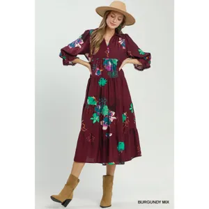 Umgee Floral Print Tiered Midi Dress with Puff Sleeves‎ - Burgundy - Small thumbnail 4