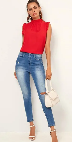 SheIn Red Ruffle Sleeve Top thumbnail 1