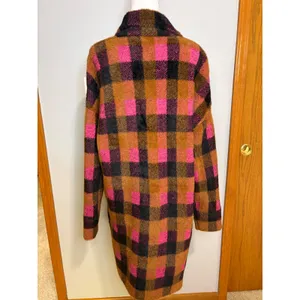 NVLT Pink‎ Brown Buffalo Plaid Double Breasted Fuzzy Longline Coat Coatigan thumbnail 6