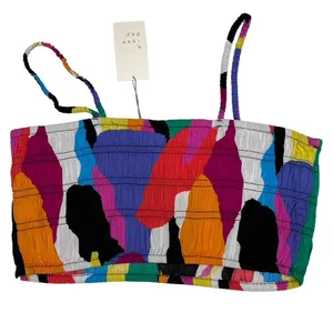 Cider 2 - Bandeau Crop Smocked Top‎ Women's Size XL Green & Multi Color NWT thumbnail 5