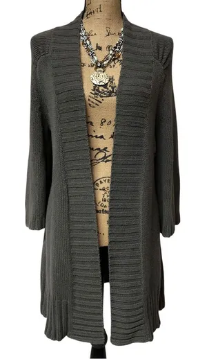Anthropologie ‘Tabitha’ Charcoal Gray Ribbed Open-Front Long Cardigan Euc! thumbnail 2