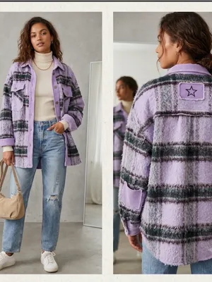 Pol x Anthropologie Purple Fuzzy Plaid Shacket Corduroy Trim Medium. thumbnail 2
