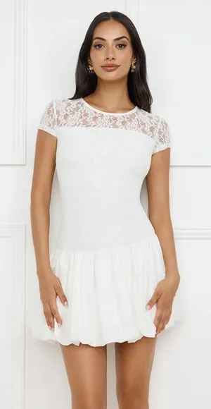 Hello Molly Downtown Diva Lace Bubble Mini Dress‎ White thumbnail 1