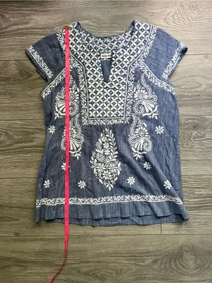 Roller Rabbit Blue White Cap Sleeve Embroidered 100% Cotton Boho Preppy Top S thumbnail 7