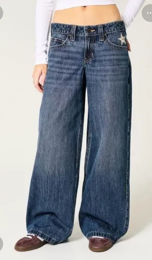 Hollister Wide-Leg Blue Denim Jeans with Star Accent thumbnail 1