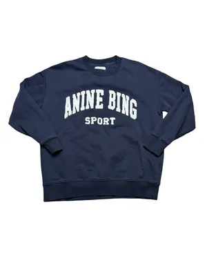 👕 ANINE BING Tyler Sport Sweatshirt Navy Terry Varsity Logo Pullover Medium 👕 thumbnail 2