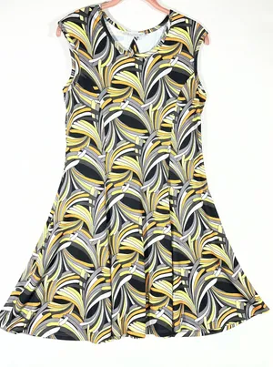 Keren Hart Dress‎ Women S Yellow Grey Abstract Swirl Fit/Flare Keyhole Boho 70's thumbnail 1