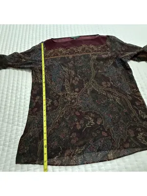 Lauren Ralph Lauren Burgundy Paisley Floral Sheer Blouse Top XL Extra Large thumbnail 5