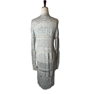 LOFT Outlet Cardigan Women Medium Grey‎ Open Knit Pointelle Longline Sweater thumbnail 3