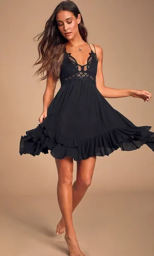 Free People One Adella Slip‎ Dress Black Lace Mini XS Boho Festival Ruffle Hem thumbnail 1