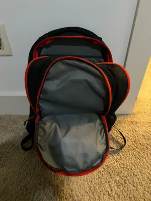 Grey, Black, and Coral North Face Backpack thumbnail 4