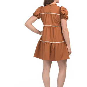 US TOGETHER ric rac trim mini dress Elegant Brown Puff Sleeve Dress Taupe thumbnail 2