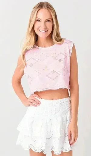 NWT LOVESHACKFANCY Women's Ismay Cropped Embroidered Tank Top Pop of Pink L thumbnail 1