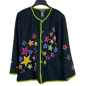 Indigo Moon Black Jacket Lime Green Trim & Appliqué Stars Magic Vintage Large thumbnail 1