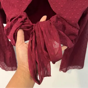 Kirious LA Burgundy Swiss Dot Chiffon Bell Sleeve Tie Back‎ Cutout Crop Top L thumbnail 6