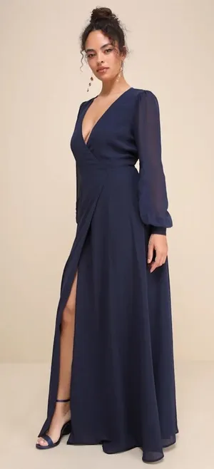 Lulus My Whole Heart Dark Navy Blue Long Sleeve Wrap Dress Wedding Extra Large thumbnail 1