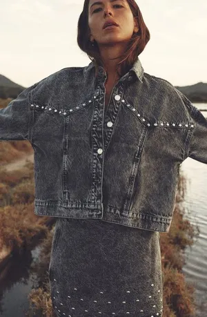 Zara Studded Z1975 Cropped Denim Jacket Tan Size XS Washed effect 100% Cotton thumbnail 4