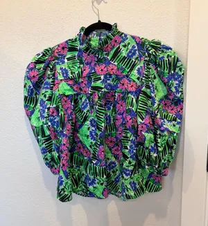 Hunter Bell Azalea Print Floral Puff Sleeve Blouse Green Pink Blue Small thumbnail 1