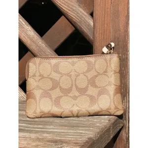 Coach Corner Zip Wristlet in Signature Canvas with Stripe Brown Cream Gold thumbnail 2