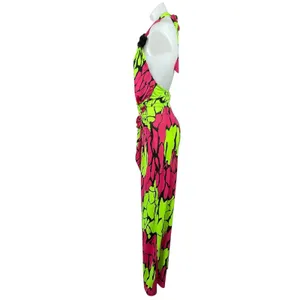 Touch Me Green Pink Retro Abstract Halter Plunge Sleeveless Wide Leg Jumpsuit L thumbnail 2