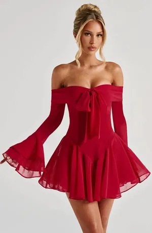 NWT Babyboo Nerissa Red Ruffle Bell Long Sleeve Romper Playsuit Womens Size M thumbnail 1