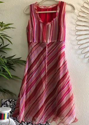 Pink red multicolor colorful sleeveless dress with drawstring waist diagonal stripes print with invisible zipper thumbnail 1