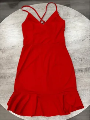 Red Lace Up Back Bodycon Ruffle Hem Spaghetti Strap Mini Cocktail Date Night thumbnail 6