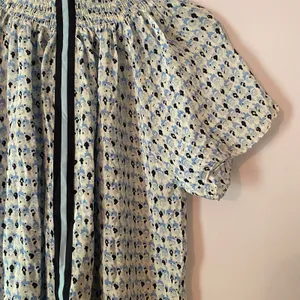 Rungolee Blue White Floral Silk High Neck Smocked Blouse Fairy Women size Large thumbnail 4