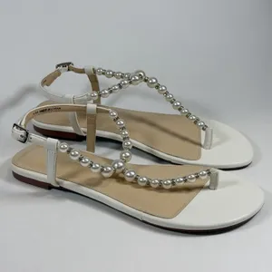 Betsey Johnson Size-6.5 Women Flat Sandals‎ Gal Pearl Strap White thumbnail 3