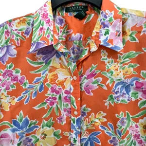Lauren Ralph Lauren Shirt Womens L Orange Floral Cotton Button Front 3/4 Sleeve thumbnail 4