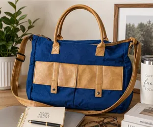Navy Blue Canvas Tote Bag Tan Faux Leather Trim Crossbody Laptop Travel Satchel thumbnail 1