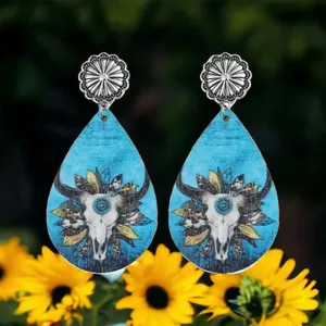 Handmade Wooden double sided western‎ style retro bullhead waterdrop dangle earrings thumbnail 6