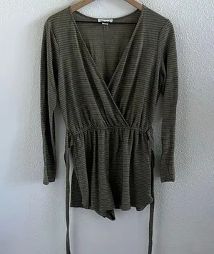 Billabong Faux Wrap Romper Green Stripe Tie Waist Boho Long Sleeve Tie Medium thumbnail 1