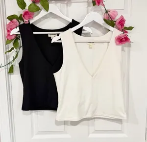 Open Edit 2 Pack V Neck Layering Tank Tops Black Ivory Capsule Wardrobe thumbnail 1