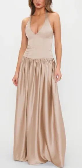 Show Me Your MuMu SMYM Eliza Champagne Luxe Satin Drop Waist Halter Neck Dress thumbnail 1