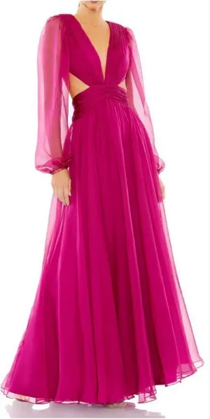 NWT Mac Duggal 55823 RUCHED CUT OUT PUFF SLEEVE A LINE GOWN Berry 12 thumbnail 1