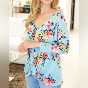 White Birch Medium Dusty‎ Blue Floral Print Long Sleeve Twist Front Top NWOT thumbnail 2