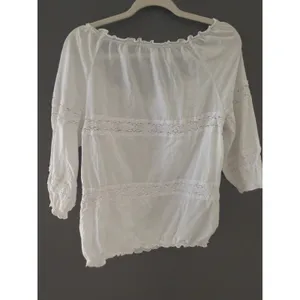 Cottage Peasant White Cotton Crochet Lace Peasant Blouse Off Shoulder Boho Top thumbnail 3