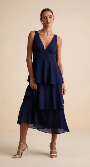 NWT lulus Celebration Time Navy Blue Sleeveless Tiered Midi Dress Holiday Sz S thumbnail 1