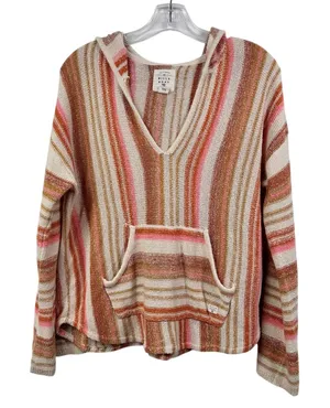 Billabong Baja Knit Hoodie Pink Orange Striped Pullover Sweater Large thumbnail 1