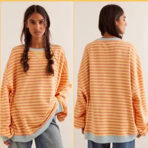 We The Free People Classic Stripe Crew Sweatshirt Oversized Yellow Size XL Boho‎ thumbnail 2