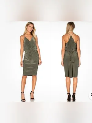 MISA Domino Tie Front Draped Ruched Knee Length Dress Olive Green Size XS NWT thumbnail 2